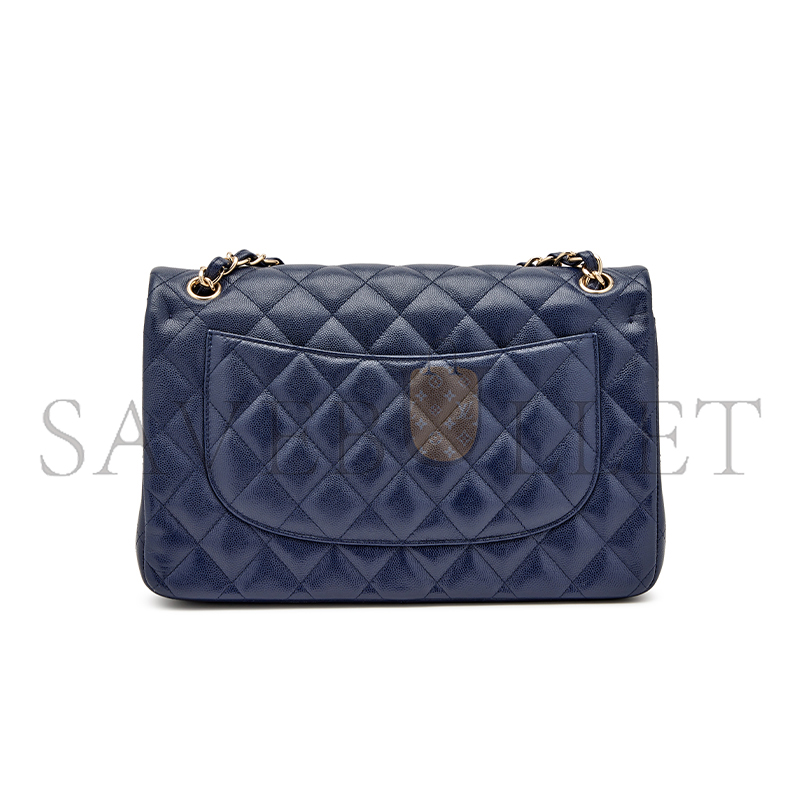 CHANEL MASTER NAVY BLUE QUILTED CAVIAR JUMBO CLASSIC DOUBLE FLAP BAG PALE GOLD HARDWARE (30*20*10cm)
